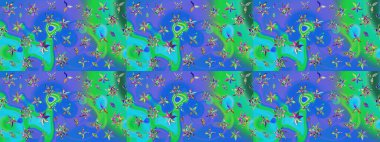 Raster düz çiçek çizim deseni. Hediye ambalaj kağıdı, tebrik kartları, posterler ve pankart tasarımı. Mavi ve yeşil renkte çiçekler.