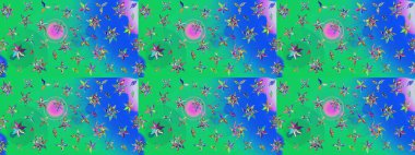Bahar mevsimi. Yeşil ve mavi renkte çiçekler. Raster güzel bir çiçek deseni çizmiş. Nazik romantik baskı. Tatil havası..