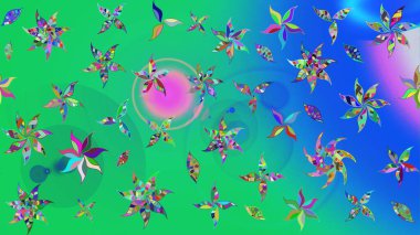 Parlak çiçekli kolaj çiçekleri yeşil ve mavi. Çiçekli zambakların eskiz geçmişi. Çiçek tasarımı için inanılmaz kolaj cennet tarzı..