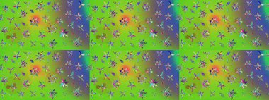 Yeşil ve mor renkli çiçekler. Raster illüstrasyonundaki çiçek desenli çizim. Düz Çiçek Elementleri Tasarımı. Renkli Bahar Teması çizim şablonu.