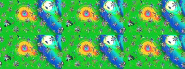 Yeşil ve mavi renkte çiçekler. Raster düz çiçek çizim deseni. Tasarım hediye paketi, tebrik kartları, posterler ve afiş tasarımı.