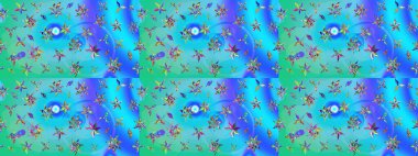 Mavi ve yeşil renkli çiçekler. Çiçek desenli eskiz. Tişört baskısı için çiçek boyama rasteriName.