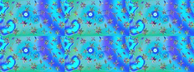 Hediye ambalaj kağıdı, tebrik kartları, posterler ve pankart tasarımı. Raster düz çiçek çizim deseni. Mavi ve yeşil renkte çiçekler.