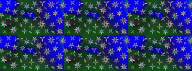 Mavi ve yeşil renkli çiçekler. Düz Çiçek Elementleri Tasarımı. Renkli Yaz Temalı eskiz kalıbı. Raster illüstrasyonunda çiçek deseni çizimi.