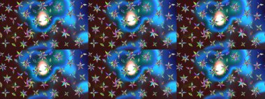 Raster illüstrasyonu. Renkli süs kenarı. Çiçek duvar kağıdı. Hint süsü. Çizim kalıbı. Mavi ve kahverengi renklerde.