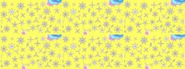 Sarı ve beyaz arka planda. Tekstil, kumaş, ambalaj, hatıra defteri için hoş bir çiçek arkaplanı. Elle çizilmiş çiçek desenli Raster çizimi. Çocuksu tasarım.