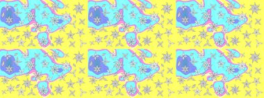 Soyut etnik raster çizim kalıbı. Arkaplan dokusu, duvar kağıdı, sarı ve mavi renkli çiçek teması. Kabile sanatı boho baskısı, klasik çiçek arkaplanı.