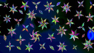 Raster illüstrasyonundaki çiçek desenli çizim. Suluboya tarzında mavi ve siyah renkte çiçekler.