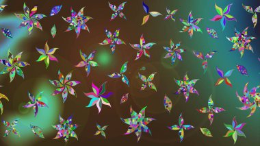 Retro tekstil tasarım koleksiyonu. Kahverengi ve yeşil kahverengi ve yeşil. Çiçekli ipek eşarp. 1950-1960 motifleri. El çizimi çiçek elementleri ile soyut çizim raster deseni.