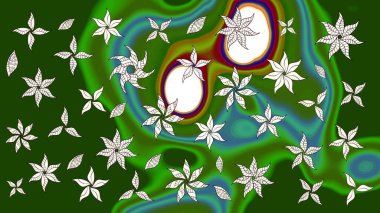 Küçük çiçekteki sevimli çiçek deseni. Bir sürü yeşil ve nötr soyut çiçekli tropik eskiz deseni. Varikologreen ve nötr raster çizimi.