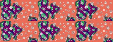 Turuncu ve mor renkli Asya tekstili. Raster illüstrasyonu. Suluboya çiçekli çiçek deseni.