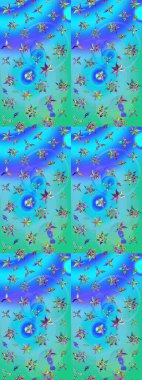 Çiçekler suluboya tarzında mavi ve yeşil renklerde. Çiçek izi. Suluboya çizim deseni.