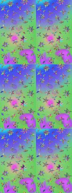 El çizimi çiçekli soyut çizim kalıbı. Raster illüstrasyonu. Yeşil ve mor renkte çiçekler.