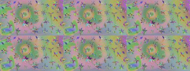 Tarafsız ve yeşil renklerde çiçekler. Asya tekstil tarzında. Raster illüstrasyonu. Renkli Bahar Teması eskiz kalıbı. Çiçek desenli çizim. Düz Çiçek Elementleri Tasarımı.