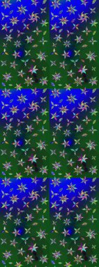 Raster illüstrasyonu. Yeşil ve mavi renkte çiçekler. El çizimi çiçekli soyut çizim deseni.