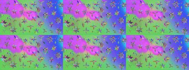 Modern çiçek arkaplanı. Parlak renkli çiçekleri ve mor ve yeşil renkli yaprakları olan harika bir çiçek deseni. Halk tarzı. Moda baskıları için zarif bir şablon.