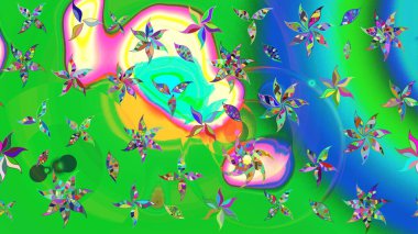 Yeşil ve mavi renkli bitkilerden oluşan parlak çiçekli çizim deseni.