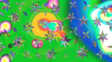 Çiçekli karalama şeklinde Raster çiçek deseni. Nazik, narin çiçek arkaplanı. Yeşil ve mavi renkte çiçekler.