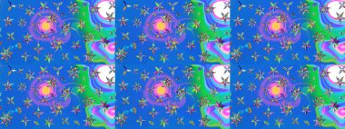 Renkli Bahar Teması eskiz kalıbı. Düz Çiçek Elementleri Tasarımı. Mavi ve yeşil renkli çiçekler. Raster illüstrasyonunda çiçek deseni çizimi.