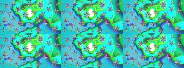 Dallı bahar çiçekleri ile desen, mavi ve yeşil renkler ile çiçek silueti. Raster deseni.