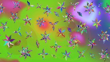 Çiçekler. Yeşil ve mor renkli vadi çiçekleri. Soyut etnik raster çizim kalıbı.