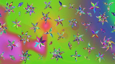 Raster illüstrasyonu. Yeşil ve mor renklerde. Yeşil ve menekşe renginde yeşil ve mor papatya deseni.