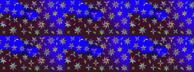 Nakış desenli çiçek deseni. Parmak izi, kumaş, duvar kâğıdı, tekstil için raster dokusu. Renkli grunge, soyut arkaplanı kolomavi ve kahverengi çiçeklerle zenginleştirir.