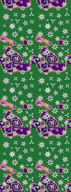 Yeşil ve nötr renklerde etnik çiçeklerle süslenmiş zarif bir eskiz. Asya Tekstil 'inde Raster Çiçek İllüstrasyonu.