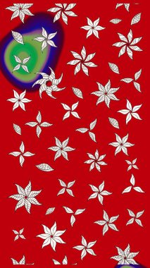 Asya tekstil tarzında. Raster illüstrasyonu. Raster illüstrasyonu. Çiçek desenli çizim. Kırmızı ve nötr renkte çiçekler.