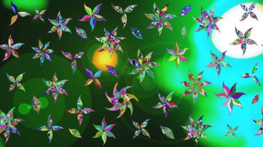 Raster geleneksel halk çiçekleri, tekstil tasarımı için yeşil ve mavi renkli. Üzerinde gelincikler ve vadi zambakları olan renkli çiçek desenli nakış..