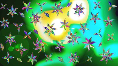 Yeşil ve mavi renkte çiçekler. Raster illüstrasyonunda çiçek deseni çizimi.