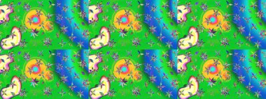 Yeşil ve mavi renkli etnik çiçekli zarif eskiz deseni. Raster Çiçek İllüstrasyon Şirin Tekstil.