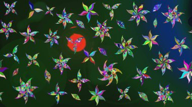Raster illüstrasyonundaki çiçek desenli çizim. Mavi ve yeşil renkte çiçekler.