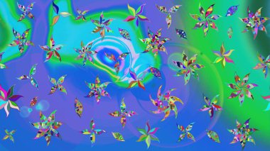 Parlak renkli çiçekleri olan ve mavi ve yeşil renkli yaprakları olan harika bir çiçek deseni. Moda baskıları için zarif bir şablon. Modern çiçek arkaplanı. Halk stili.