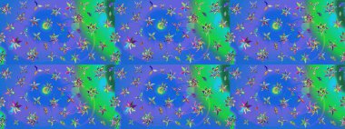 Eskiz arkaplan modeli. Raster - stok. Yapraklı çiçekler ve mavi ve yeşil renkli papatya çiçekleri..
