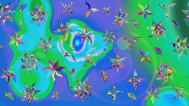 Modern çiçek arkaplanı. Moda baskıları için zarif bir şablon. Parlak renkli çiçekleri olan ve mavi ve yeşil renkli yaprakları olan harika bir çiçek deseni. Halk stili.