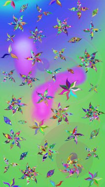 Raster Floral Illustration, Asyalı tekstil. Yeşil ve mor renkli etnik çiçeklerle zarif eskiz deseni.