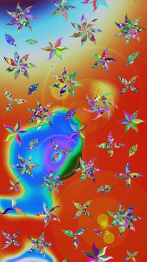 Parlak renkli fantezi çiçekleri, yapraklar, turuncu ve mavi renkli tomurcuklar, turuncu ve mavi. Suluboya el çizimi elementli çiçek çizimi deseni.