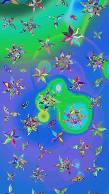 Suluboya tarzında mavi ve yeşil renklerde. Küçük çiçekli yay deseni çiz. Raster illüstrasyonu.