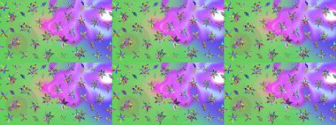 Yumuşak, yeşil ve mor renkte bahar çiçekleri. Raster illüstrasyonu. Yaprak ve çiçeklerin suluboya resmi, yeşil ve mor renkler üzerine çizim şekli.