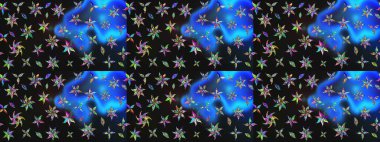 Renkli desenli eskiz deseni, gri ve mavi çiçekler ve dekoratif elementler. Eski usul. Eskiz geçmişi. Kumaş, tekstil, duvar kağıdı baskısı için. Raster illüstrasyonu.