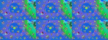 Mavi ve yeşil renkli çiçekler. Nazik, sevimli çiçek arkaplanı. Raster çiçek desenli ve çiçekli..