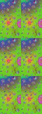 Renkli Bahar Teması eskiz kalıbı. Raster illüstrasyonundaki çiçek desenli çizim. Düz Çiçek Elementleri Tasarımı. Yeşil ve mor renkte çiçekler.