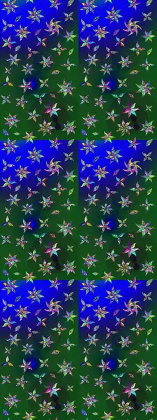 Raster illüstrasyonu. Yeşil ve mavi renkte çiçekler. El çizimi çiçekli soyut çizim deseni.