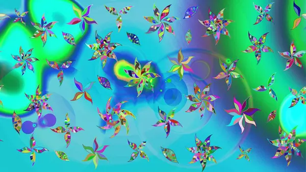 Raster Çiçek İllüstrasyonu güzel tekstil. Mavi ve yeşil renkli etnik çiçeklerle zarif bir eskiz deseni.