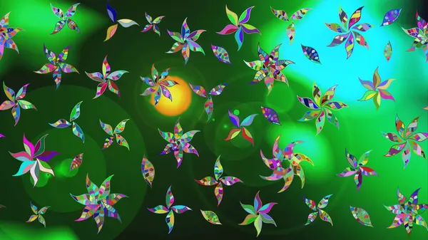 Renkli Bahar Teması eskiz kalıbı. Yeşil ve mavi renkte çiçekler. Raster illüstrasyonundaki çiçek desenli çizim. Düz Çiçek Elementleri Tasarımı.