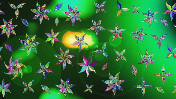 Küçük çiçekteki sevimli çiçek deseni. Bir sürü yeşil ve gri soyut çiçekli tropik eskiz deseni. Varicologreen ve gri raster çizimi.