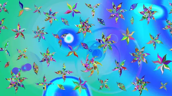 Raster düz çiçek çizim deseni. Mavi ve yeşil renkli çiçekler. Tasarım hediye paketi, tebrik kartları, posterler ve afiş tasarımı.