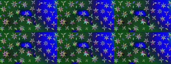 Raster illüstrasyonundaki çiçek desenli çizim. Suluboya tarzında mavi ve yeşil renkte çiçekler.