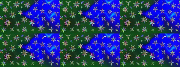 Renkli Bahar Teması eskiz kalıbı. Düz Çiçek Elementleri Tasarımı. Mavi ve yeşil renkli çiçekler. Raster illüstrasyonunda çiçek deseni çizimi.